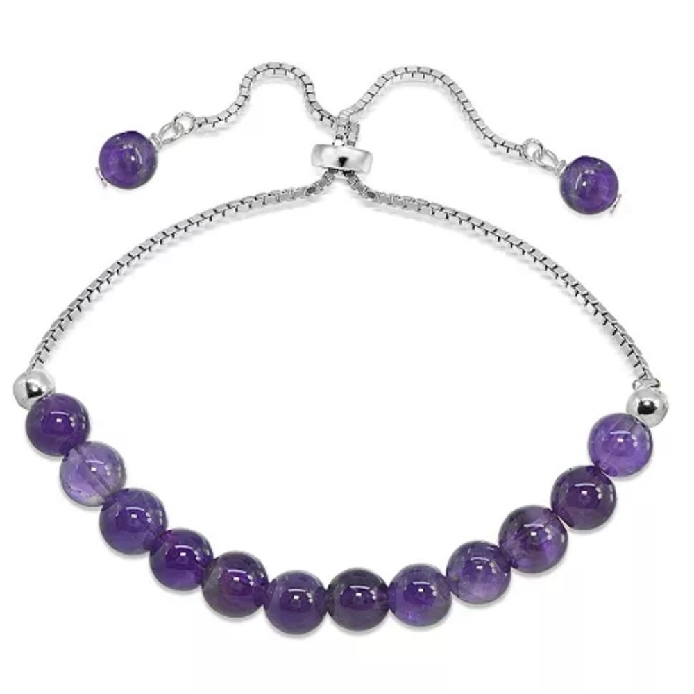 Genuine Stone Amethyst Bead Bolo Bracelet 925 Sterling Silver Adjustable